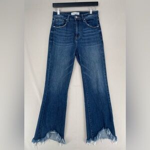 Risen High Rise Frayed Hem Ankle Flare Jeans